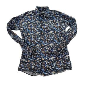Eton Signature Twill Slim Fit Shirt Mens 15.5 M Blue Floral Print Cotton Dress